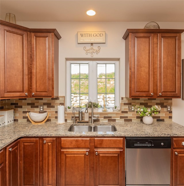38 Panorama Dr, New Windsor, NY 12553 - kitchen featuring dishwasher, a sink, backsplash, light stone counters, and brown cabinets