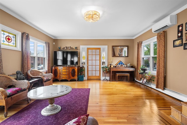 1370 Kearney Ave, Bronx, NY 10465 - living room featuring a wall mounted air conditioner, healthy amount of natural light, light wood-type flooring, crown molding, and a baseboard radiator
