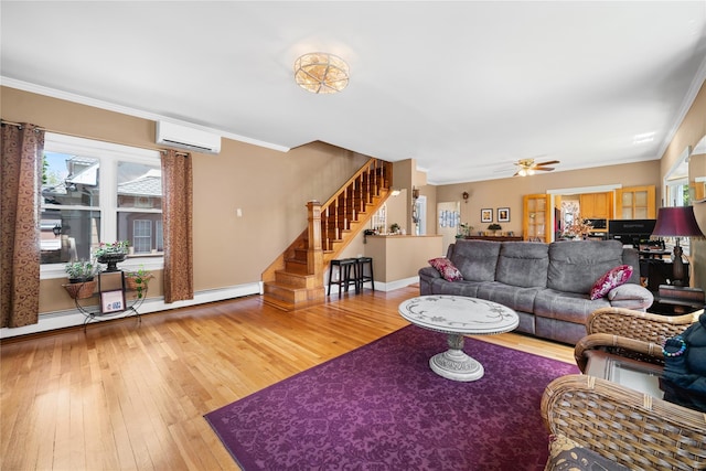 1370 Kearney Ave, Bronx, NY 10465 - living room with wood-type flooring, stairs, a wall mounted AC, a baseboard heating unit, and ornamental molding
