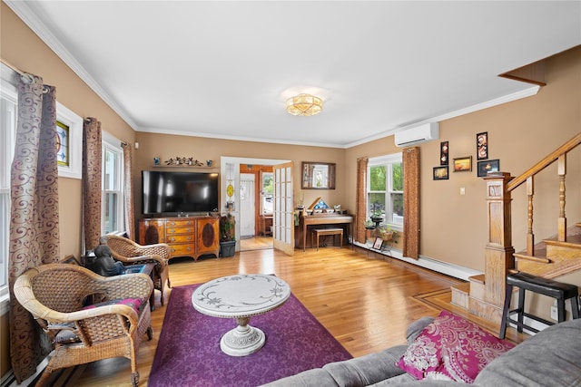 1370 Kearney Ave, Bronx, NY 10465 - living area featuring a wall unit AC, light wood-style flooring, crown molding, stairs, and a baseboard heating unit