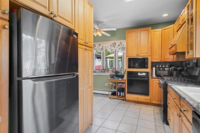 1370 Kearney Ave, Bronx, NY 10465 - kitchen with black appliances, ceiling fan, baseboard heating, light tile patterned flooring, and glass insert cabinets