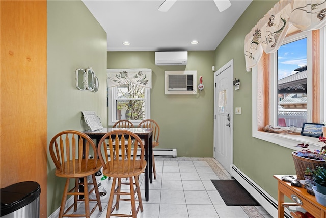 1370 Kearney Ave, Bronx, NY 10465 - dining area with baseboard heating, a wall mounted air conditioner, recessed lighting, and light tile patterned floors