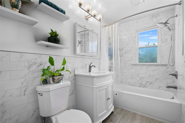 1370 Kearney Ave, Bronx, NY 10465 - full bath featuring tile walls, vanity, shower / bath combination with curtain, toilet, and wood finished floors