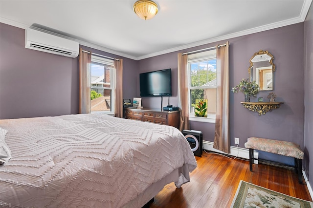 1370 Kearney Ave, Bronx, NY 10465 - bedroom with a wall mounted AC, multiple windows, wood-type flooring, crown molding, and baseboards