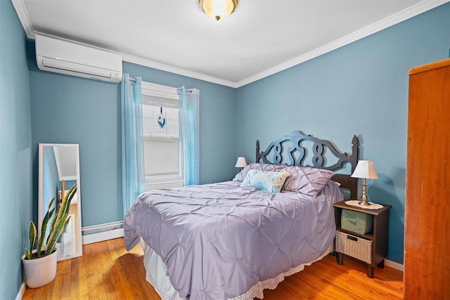 1370 Kearney Ave, Bronx, NY 10465 - bedroom with a wall mounted air conditioner, wood finished floors, baseboards, and ornamental molding