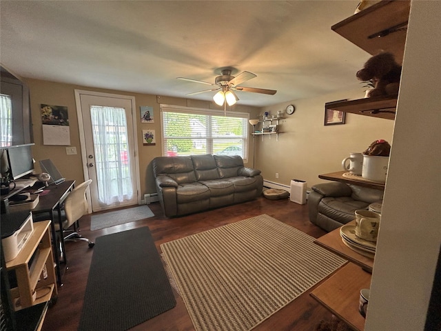 50 Tangier Dr, Sound Beach, NY 11789 - living room featuring a ceiling fan, a baseboard heating unit, an office area, and wood finished floors