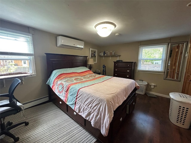 50 Tangier Dr, Sound Beach, NY 11789 - bedroom featuring a wall mounted AC, a baseboard heating unit, baseboards, and dark wood-style floors