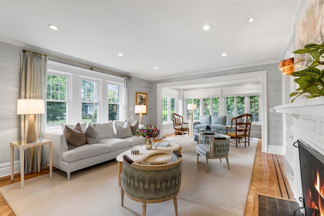 489 Manor Ln, Pelham, NY 10803 - living room featuring ornamental molding, a fireplace with flush hearth, recessed lighting, and baseboards