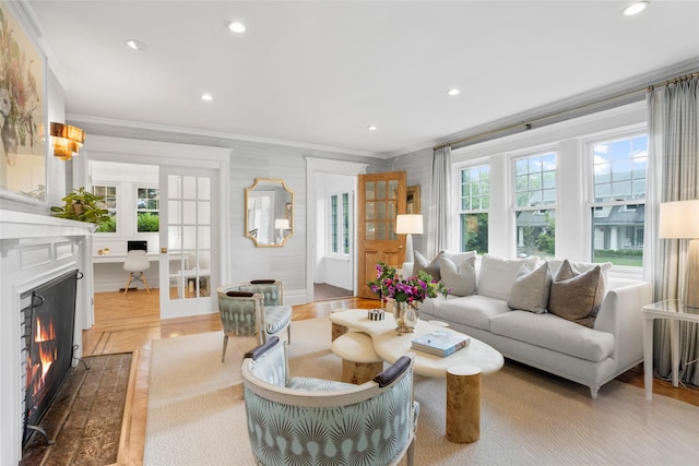 489 Manor Ln, Pelham, NY 10803 - living area featuring a warm lit fireplace, crown molding, and recessed lighting