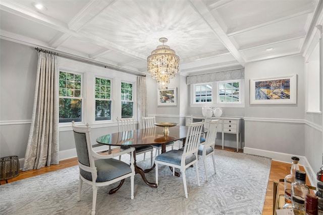 489 Manor Ln, Pelham, NY 10803 - dining space with coffered ceiling, healthy amount of natural light, a chandelier, baseboards, and beam ceiling