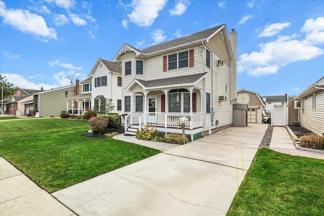 16 Gibbs Rd, Amity Harbor, NY 11701 - view of front of house featuring a porch, a chimney, a front lawn, an outdoor structure, and a residential view