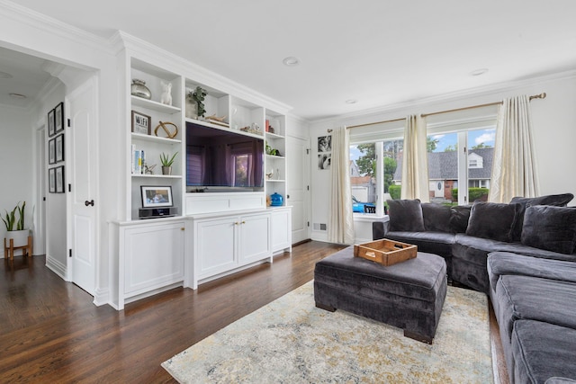 1696 Coral Rd, East Meadow, NY 11554 - living area featuring dark wood-style floors and ornamental molding