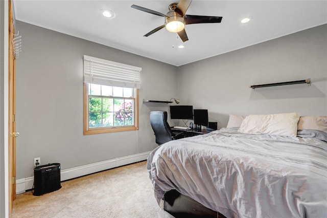 12 Bridle Path Ln, Port Jefferson, NY 11777 - carpeted bedroom with baseboards, baseboard heating, recessed lighting, and a ceiling fan