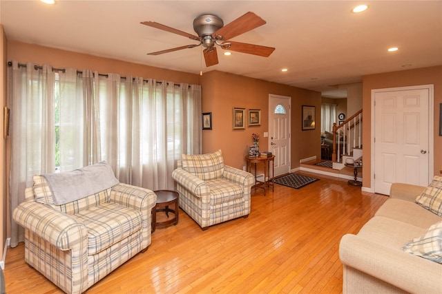 57 Decker Dr, Washingtonville, NY 10992 - living room with recessed lighting, stairs, a ceiling fan, and light wood finished floors
