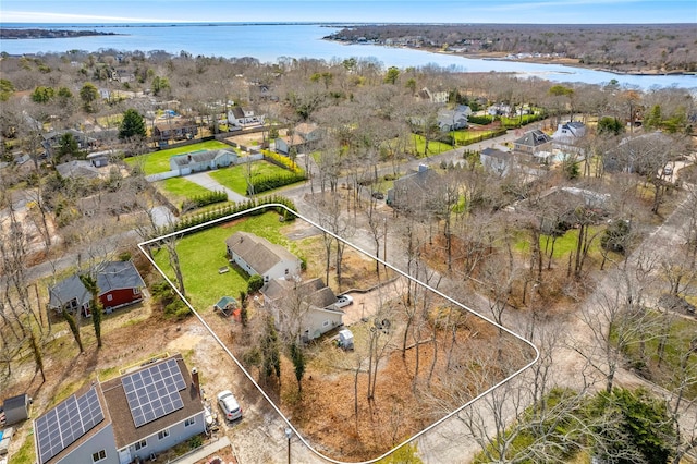 7 Locust St, Hampton Bays, NY 11946 - aerial view of residential area featuring a nearby body of water and property parcel outlined