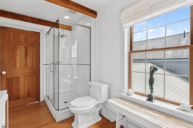140AND144 Damascus Rd, East Quogue, NY 11942 - full bath featuring wood finished floors, a shower stall, and beamed ceiling