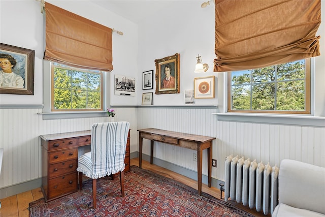 140AND144 Damascus Rd, East Quogue, NY 11942 - office space featuring radiator heating unit, wainscoting, wood finished floors, and plenty of natural light