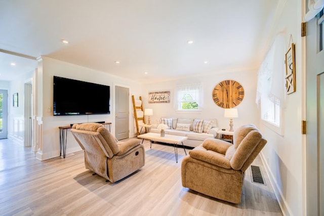322 Noxon Rd, Poughkeepsie, NY 12603 - living room with light wood-style flooring, ornamental molding, baseboards, and recessed lighting