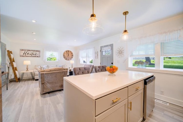 322 Noxon Rd, Poughkeepsie, NY 12603 - kitchen with dishwasher, light wood finished floors, light countertops, decorative light fixtures, and a center island