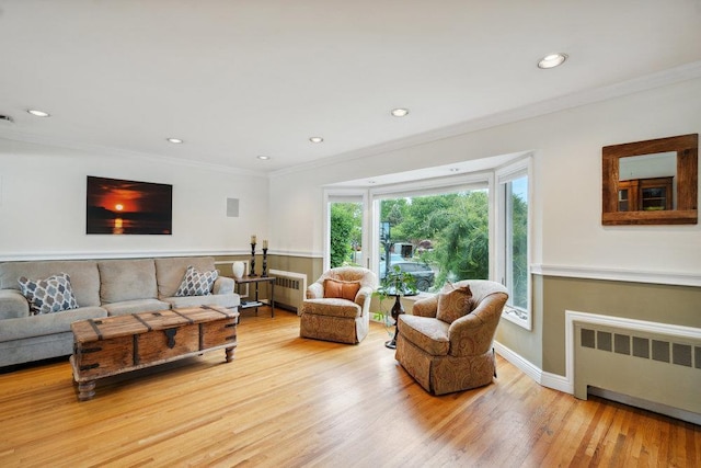 5 Coventry Rd, Syosset, NY 11791 - living area with radiator heating unit, crown molding, wood finished floors, recessed lighting, and baseboards