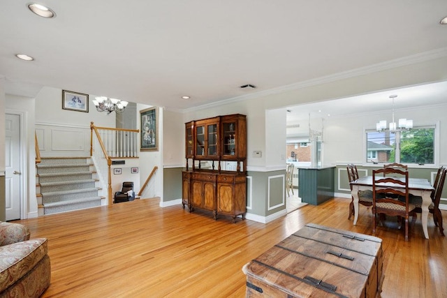 5 Coventry Rd, Syosset, NY 11791 - living area featuring a chandelier, light wood-style floors, stairway, ornamental molding, and recessed lighting
