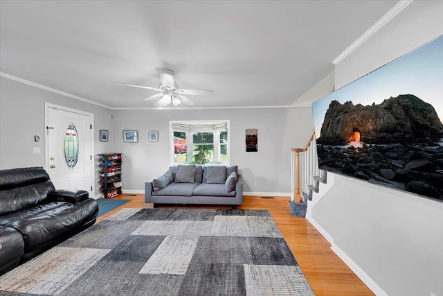 22 Livingston Ave, Valhalla, NY 10595 - living area featuring stairs, wood finished floors, a ceiling fan, crown molding, and baseboards