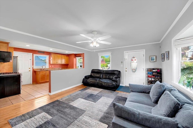 22 Livingston Ave, Valhalla, NY 10595 - living area featuring light wood-style flooring, ceiling fan, crown molding, recessed lighting, and baseboards