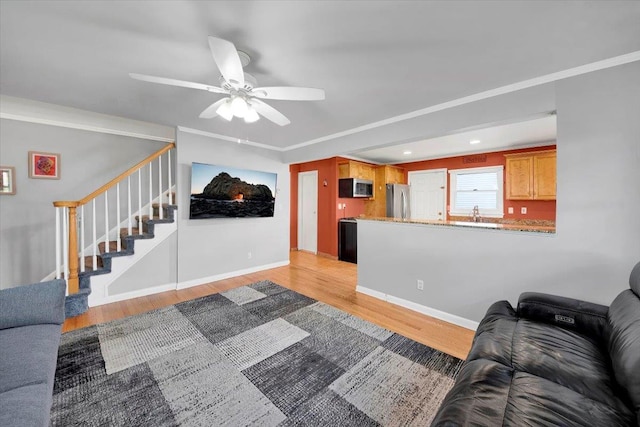 22 Livingston Ave, Valhalla, NY 10595 - living room featuring light wood-style flooring, stairway, ceiling fan, recessed lighting, and baseboards