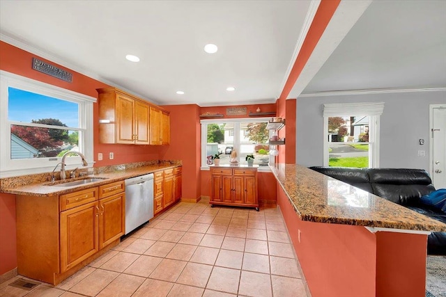 22 Livingston Ave, Valhalla, NY 10595 - kitchen featuring a sink, dishwasher, a peninsula, ornamental molding, and plenty of natural light