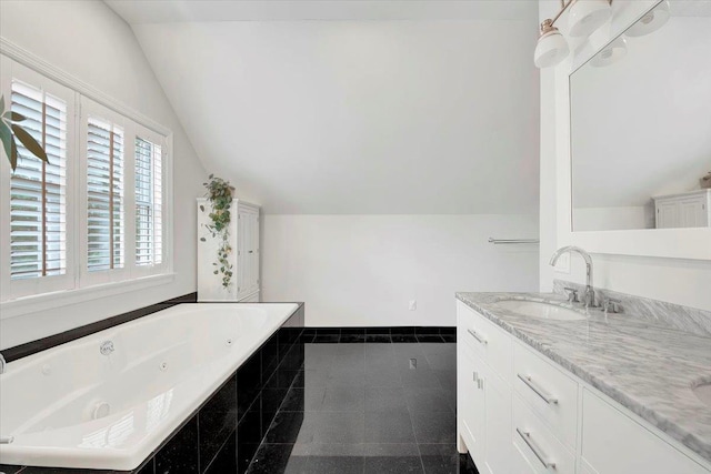 22 Livingston Ave, Valhalla, NY 10595 - bathroom featuring lofted ceiling, a whirlpool tub, baseboards, double vanity, and granite tiled floors