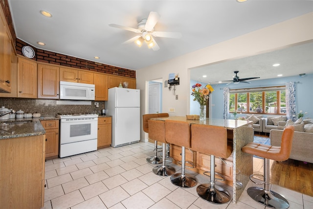 21 Westgate Rd, Massapequa Park, NY 11762 - kitchen featuring white appliances, a ceiling fan, backsplash, recessed lighting, and open floor plan