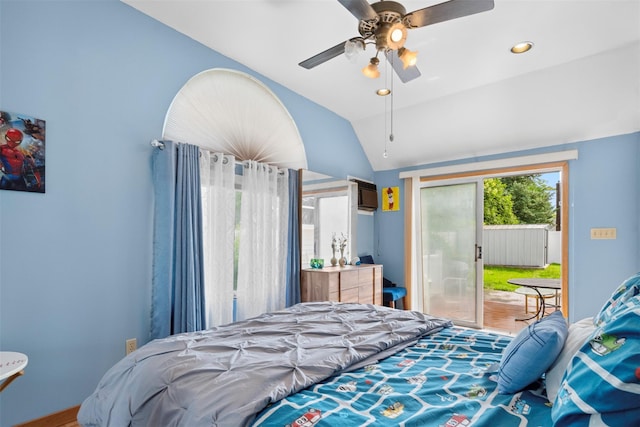 21 Westgate Rd, Massapequa Park, NY 11762 - bedroom with lofted ceiling, access to outside, ceiling fan, and recessed lighting