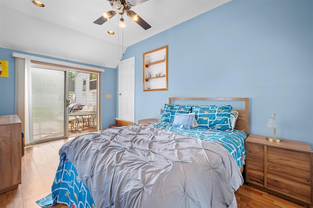 21 Westgate Rd, Massapequa Park, NY 11762 - bedroom featuring access to outside, vaulted ceiling, ceiling fan, and wood finished floors