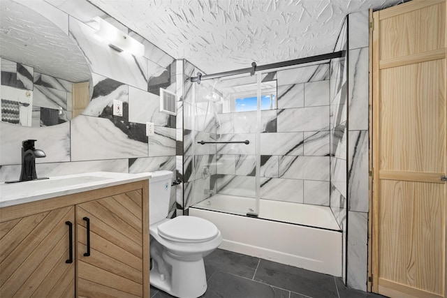 21 Westgate Rd, Massapequa Park, NY 11762 - bathroom with enclosed tub / shower combo, toilet, vanity, and tile patterned flooring