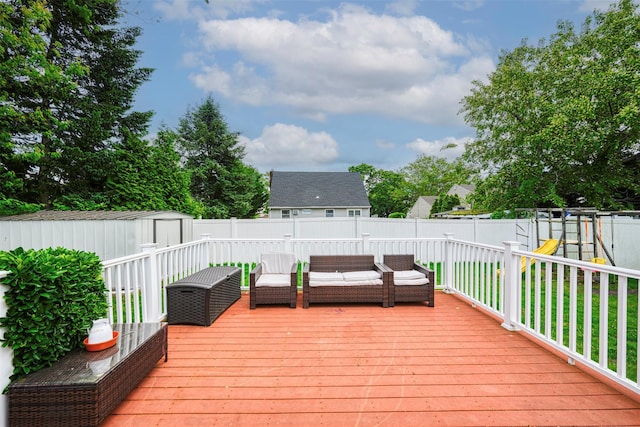 21 Westgate Rd, Massapequa Park, NY 11762 - deck with a fenced backyard, an outdoor hangout area, and a playground