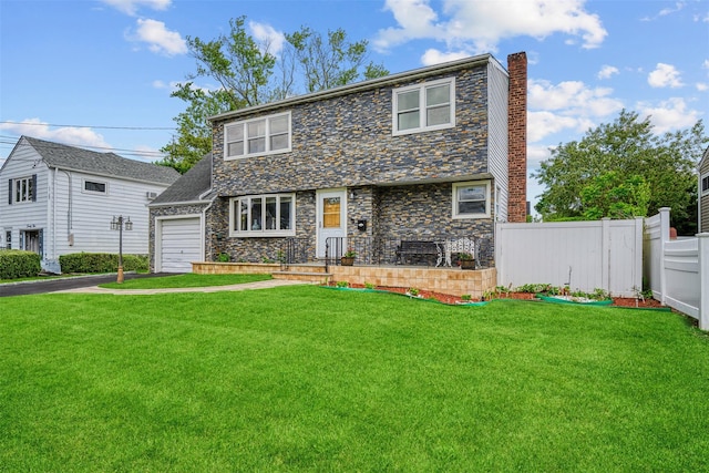 21 Westgate Rd, Massapequa Park, NY 11762 - view of front of home featuring stone siding, a chimney, an attached garage, and asphalt driveway