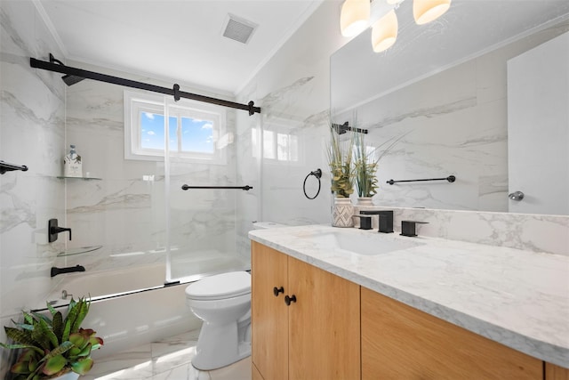 21 Westgate Rd, Massapequa Park, NY 11762 - full bath featuring vanity, ornamental molding, toilet, marble finish floors, and bath / shower combo with glass door