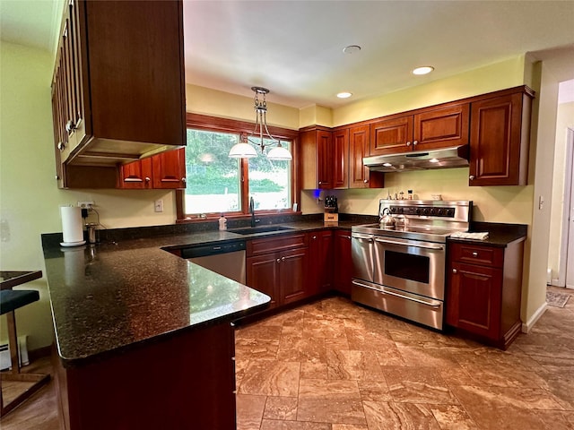 287 Hunns Lake Rd, Stanfordville, NY 12581 - kitchen with appliances with stainless steel finishes, a sink, under cabinet range hood, a peninsula, and pendant lighting
