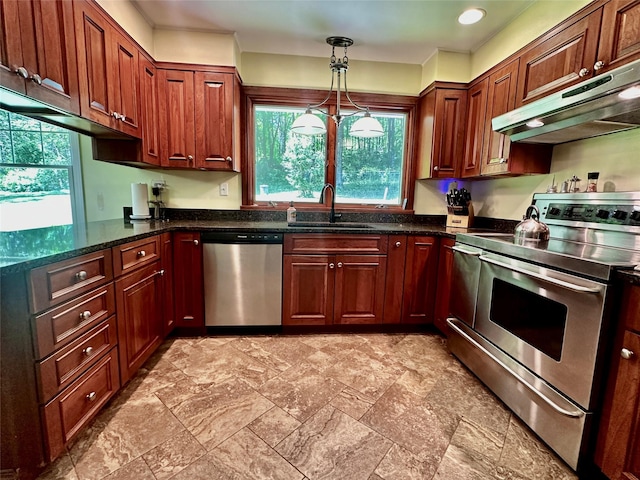 287 Hunns Lake Rd, Stanfordville, NY 12581 - kitchen featuring appliances with stainless steel finishes, under cabinet range hood, a sink, pendant lighting, and light stone finish flooring