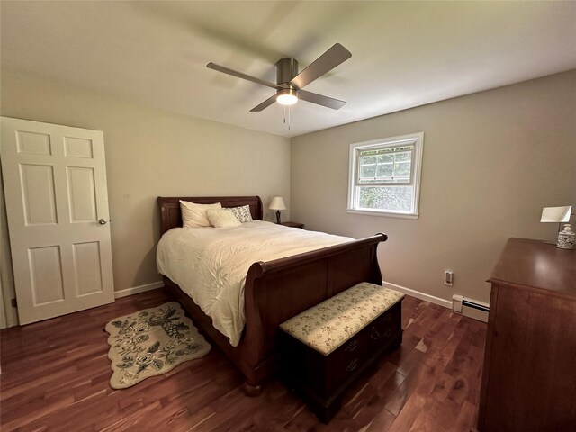 287 Hunns Lake Rd, Stanfordville, NY 12581 - bedroom featuring dark wood-type flooring, a baseboard heating unit, baseboards, and ceiling fan