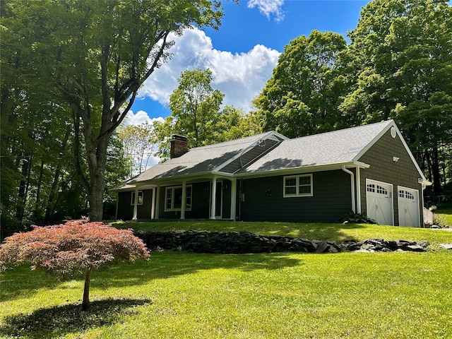 287 Hunns Lake Rd, Stanfordville, NY 12581 - single story home featuring a garage, a chimney, a front yard, and a shingled roof