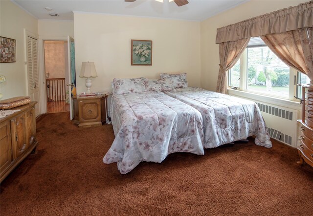 1053 Quentin Pl, Woodmere, NY 11598 - bedroom with radiator heating unit, carpet floors, a ceiling fan, and ornamental molding