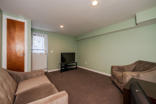 1158 Lorraine Dr, Franklin Square, NY 11010 - living area featuring dark colored carpet, baseboards, and recessed lighting