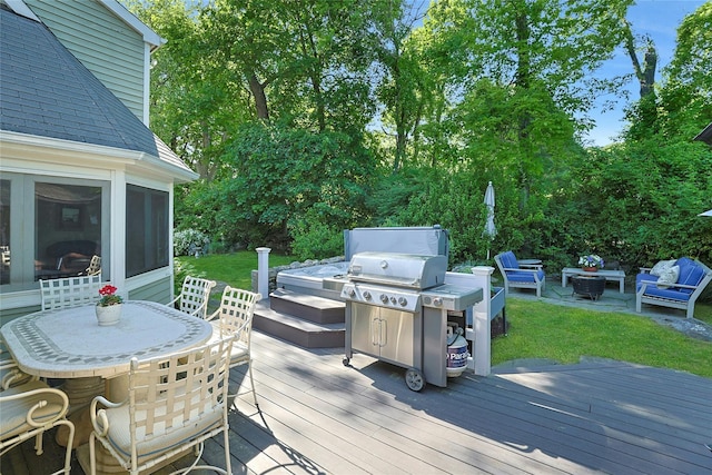 1 Lakeview Rd, South Salem, NY 10590 - wooden deck featuring an outdoor living space with a fire pit, outdoor dining space, and a yard