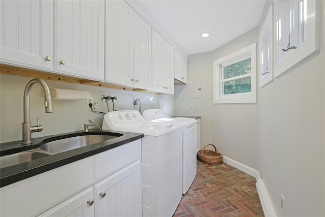 1 Lakeview Rd, South Salem, NY 10590 - washroom featuring brick flooring, baseboards, cabinet space, washer and clothes dryer, and recessed lighting