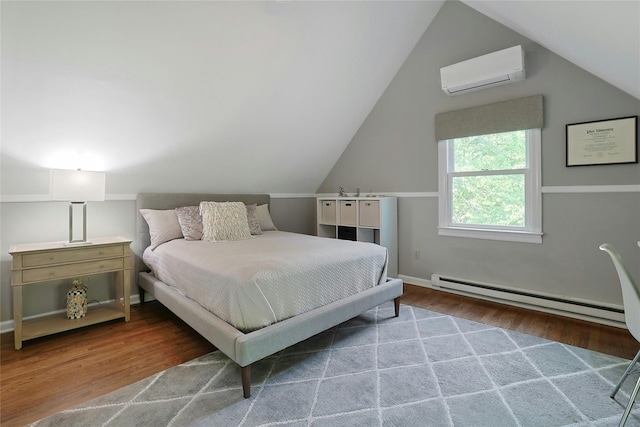1 Lakeview Rd, South Salem, NY 10590 - bedroom featuring a wall mounted air conditioner, a baseboard heating unit, wood finished floors, and vaulted ceiling