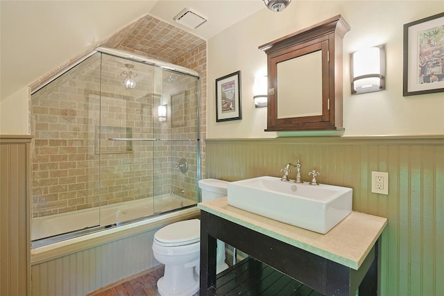 1 Lakeview Rd, South Salem, NY 10590 - bathroom with toilet, a wainscoted wall, enclosed tub / shower combo, vanity, and wood finished floors