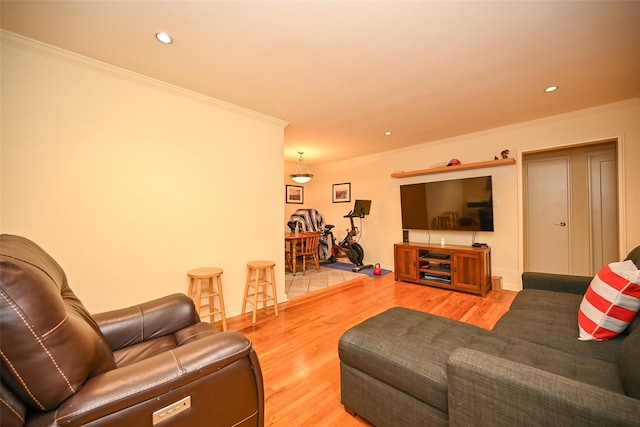 69-27 210th St Unit 2, Oakland Gardens, NY 11364 - living area featuring ornamental molding, wood finished floors, and recessed lighting