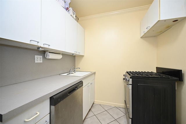 69-27 210th St Unit 2, Oakland Gardens, NY 11364 - kitchen with stainless steel appliances, crown molding, a sink, white cabinetry, and light tile patterned floors