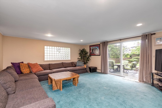 1055 Cedarhurst St, North Woodmere, NY 11581 - carpeted living area with baseboard heating, plenty of natural light, recessed lighting, and crown molding